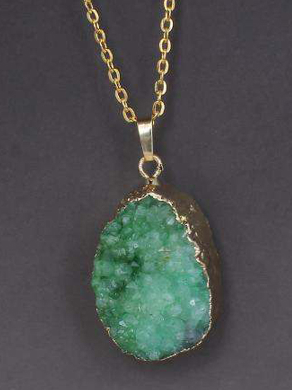 Gold wrap semi precious druzy stone pendant necklace - large oval