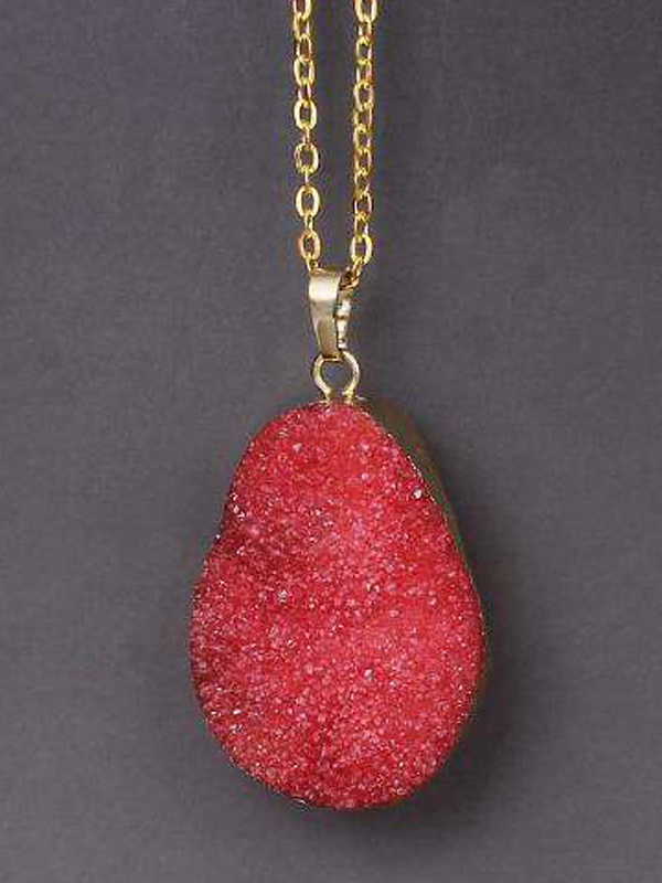 Gold wrap semi precious druzy stone pendant necklace - large oval
