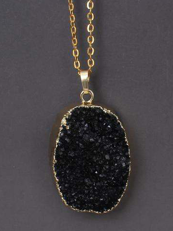 Gold wrap semi precious druzy stone pendant necklace - large oval