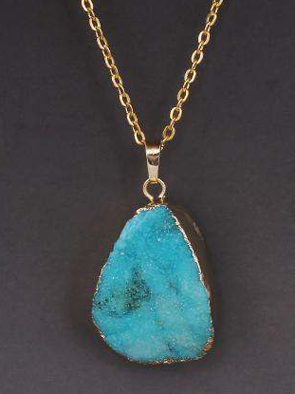 Gold wrap semi precious druzy stone pendant necklace - large oval