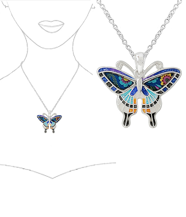 GARDEN THEME ART PAINT PENDANT NECKLACE - BUTTERFLY