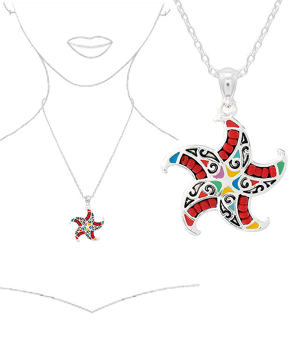 SEALIFE THEME SEEDBEAD AND EPOXY PENDANT NECKLACE - STARFISH