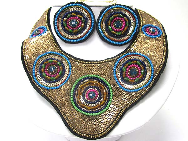 Acryl beads and sequins deco bib style fabric necklace earring set