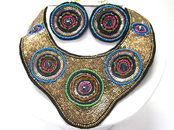 ACRYL BEADS AND SEQUINS DECO BIB STYLE FABRIC NECKLACE EARRING SET