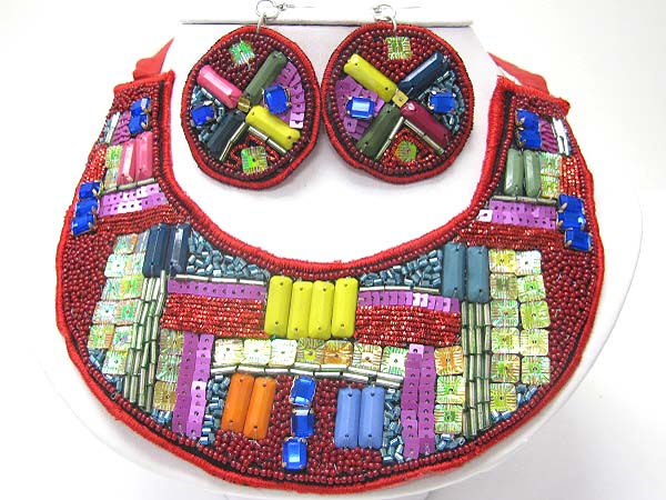 ACRYL BEADS AND SEQUINS DECO BIB STYLE FABRIC NECKLACE EARRING SET