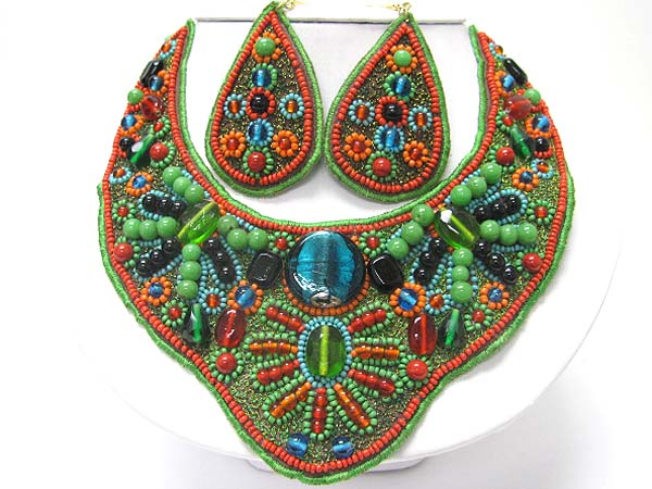 ACRYL BEADS AND GLASS DECO BIB STYLE FABRIC NECKLACE EARRING SET