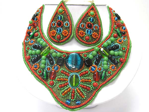 Acryl beads and glass deco bib style fabric necklace earring set