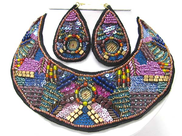 Acryl beads and glass deco bib style fabric necklace earring set