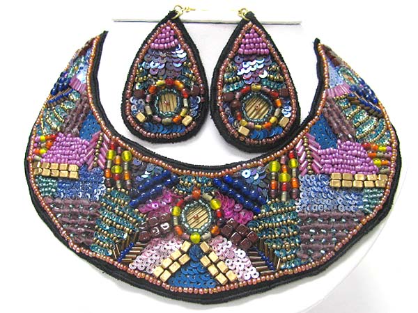 ACRYL BEADS AND GLASS DECO BIB STYLE FABRIC NECKLACE EARRING SET