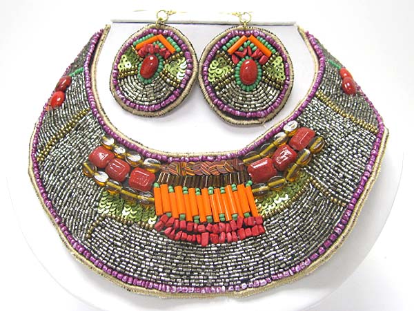 Acryl beads and glass deco bib style fabric necklace earring set