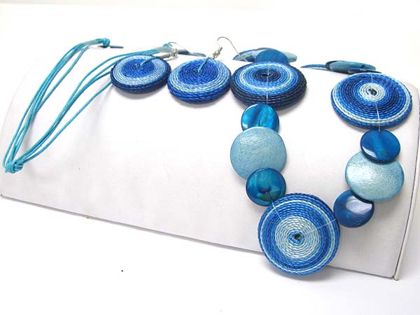 Shell and crocheted disk link necklace earring set