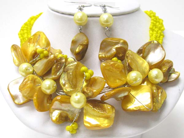 Sea shell multi flower and seed beads necklace earring set