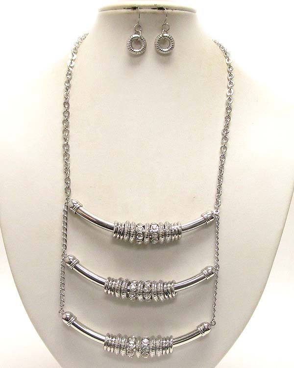 THREE METAL TUB WITH METAL RING AND CRYSTAL RING DROP CHAIN NECKLACE EARRING SET