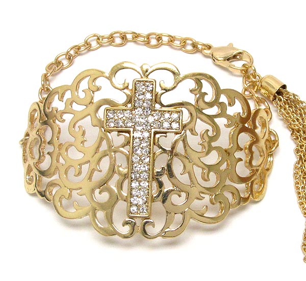 Crystal cross and curved metal filigree bracelet