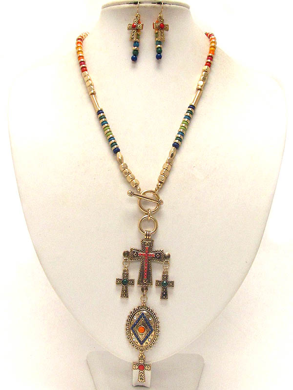 Multi color seed bead and three cross drop antique style long necklace earring set