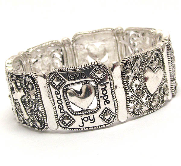 Crystal deco metal filigree message stretch bracelet