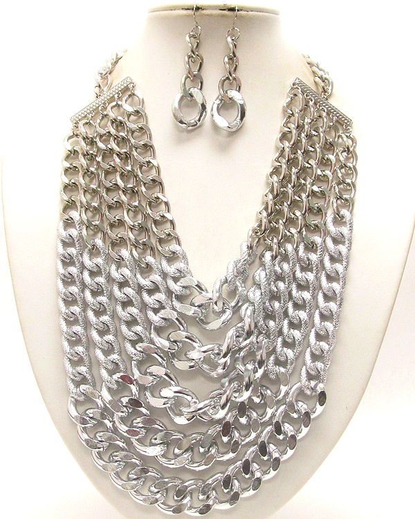 5 layered metal chain necklace earring set