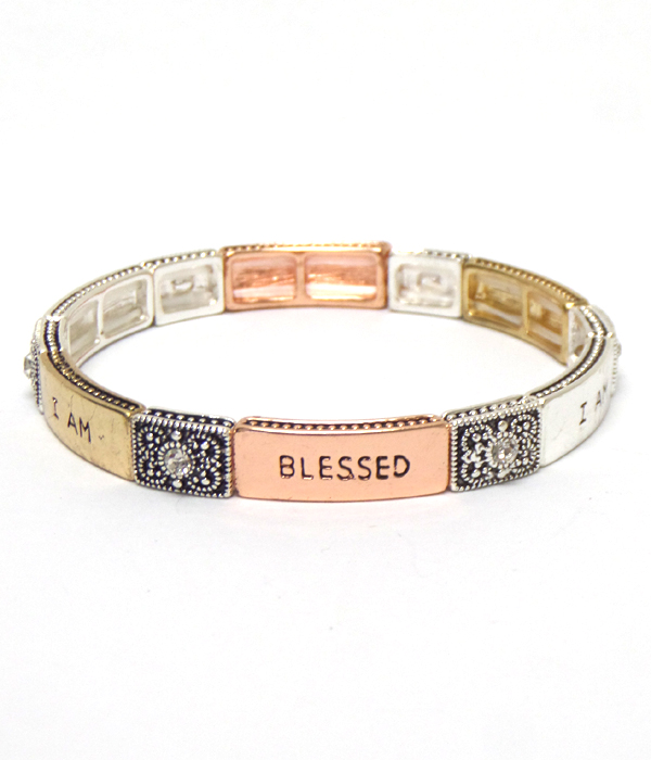 Religious theme crystal and filigree on side stretch message bracelet - i am blessed