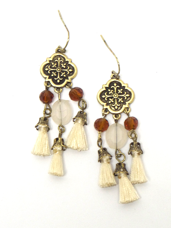 Metal filigree and multi tassel drop earring