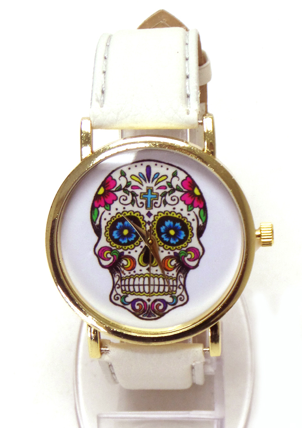Sugar skull face leather band watch