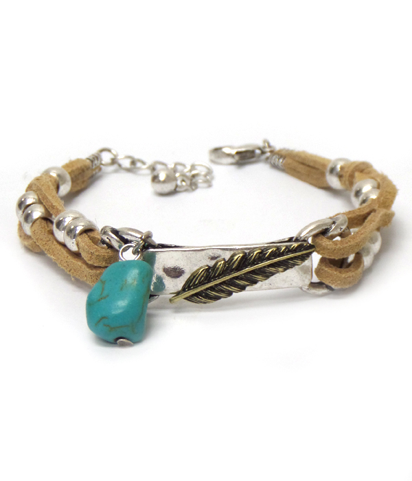 Turquoise and leaf leatherette bracelet