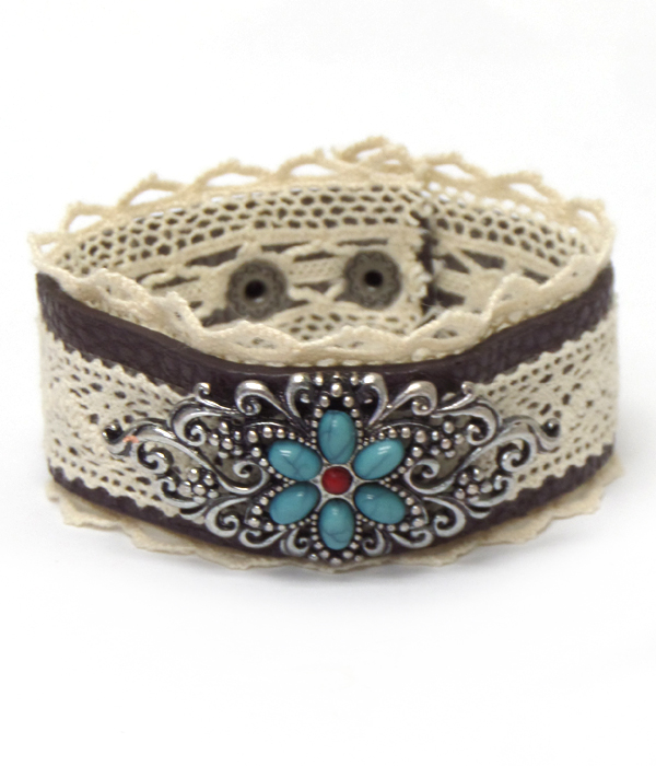 Metal filigree and stone flower and lace on leatherette button bracelet
