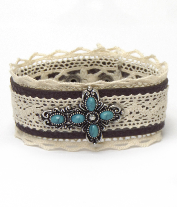 Metal cross stone and lace on leatherette button bracelet