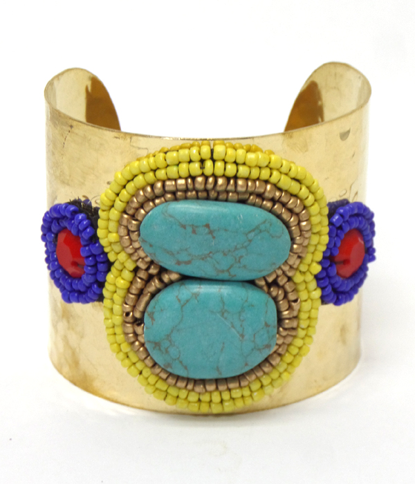 Handmade turquoise and multi seedbeads cuff bracelet - brass