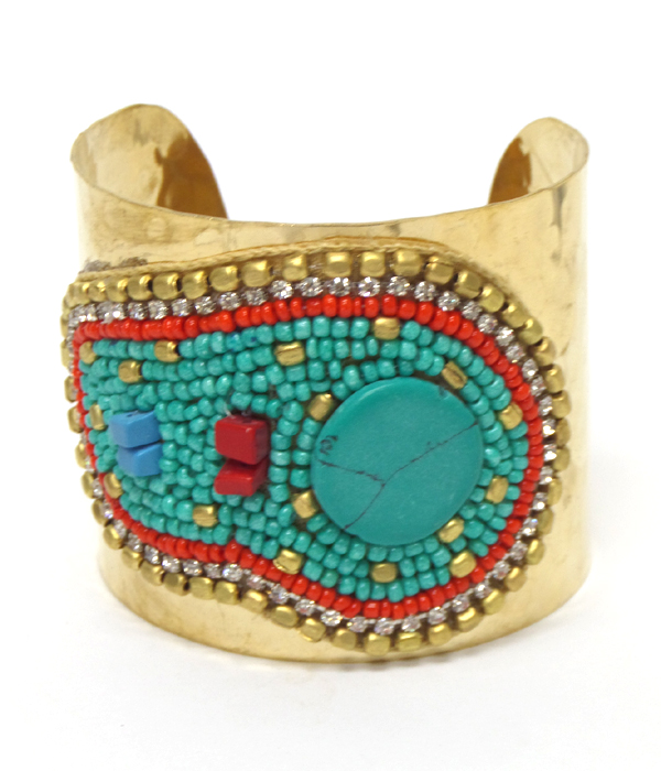 Handmade turquoise and multi seedbeads cuff bracelet - brass