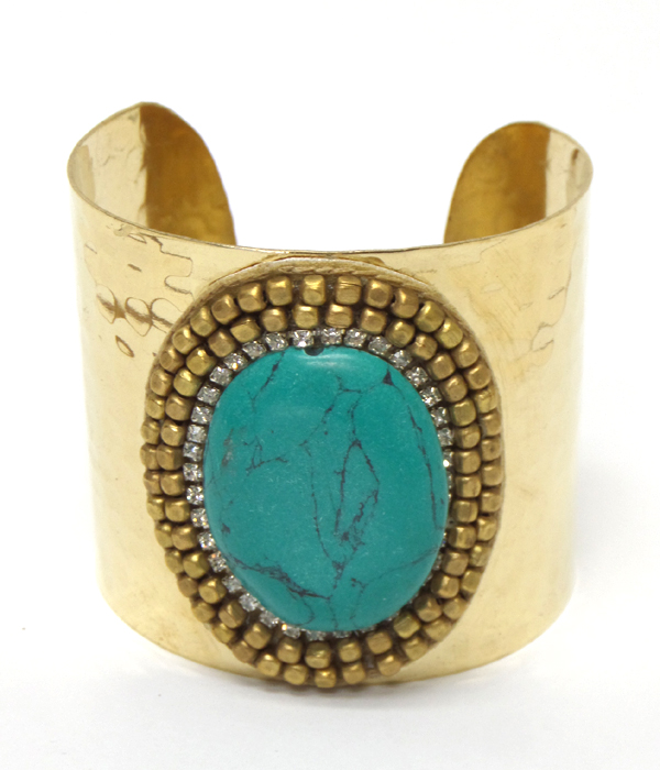 Handmade turquoise and multi seedbeads cuff bracelet - brass