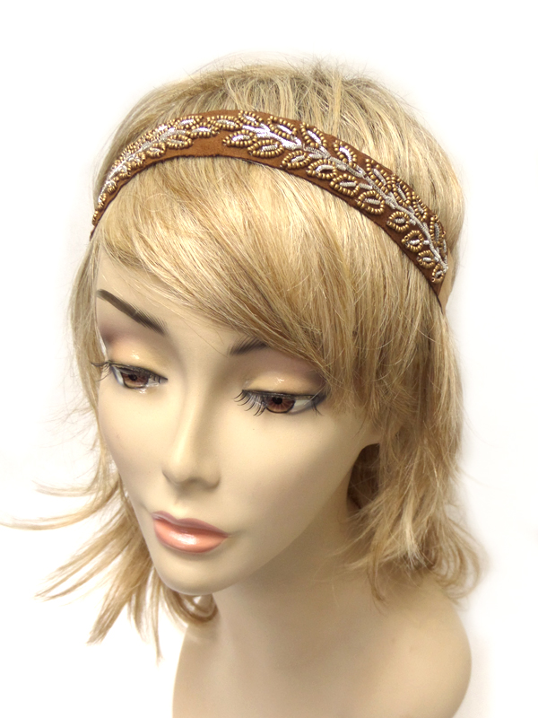Handmade multi seedbeads leaf suede headband