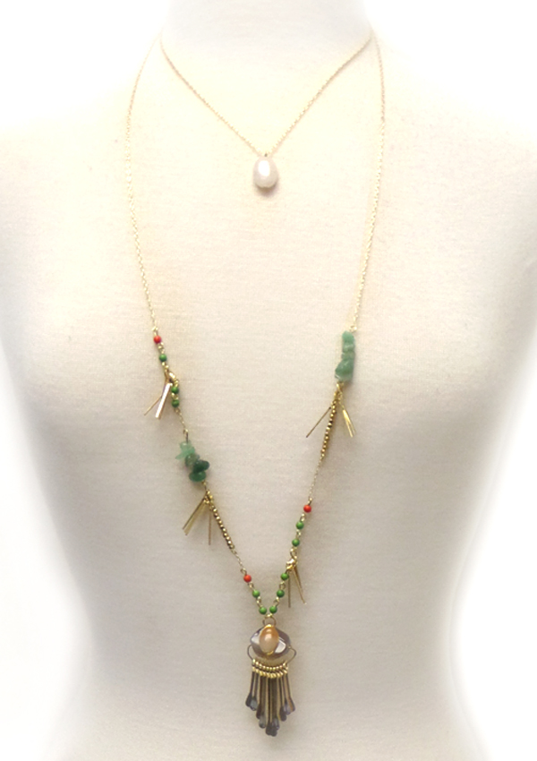 Semi precious stone and turquoise and metal bar drop long necklace