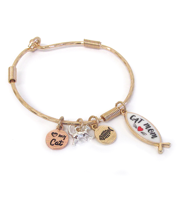 PET LOVERS INSPIRATION MULTI CHARM WIRE BANGLE BRACELET - CAT MOM