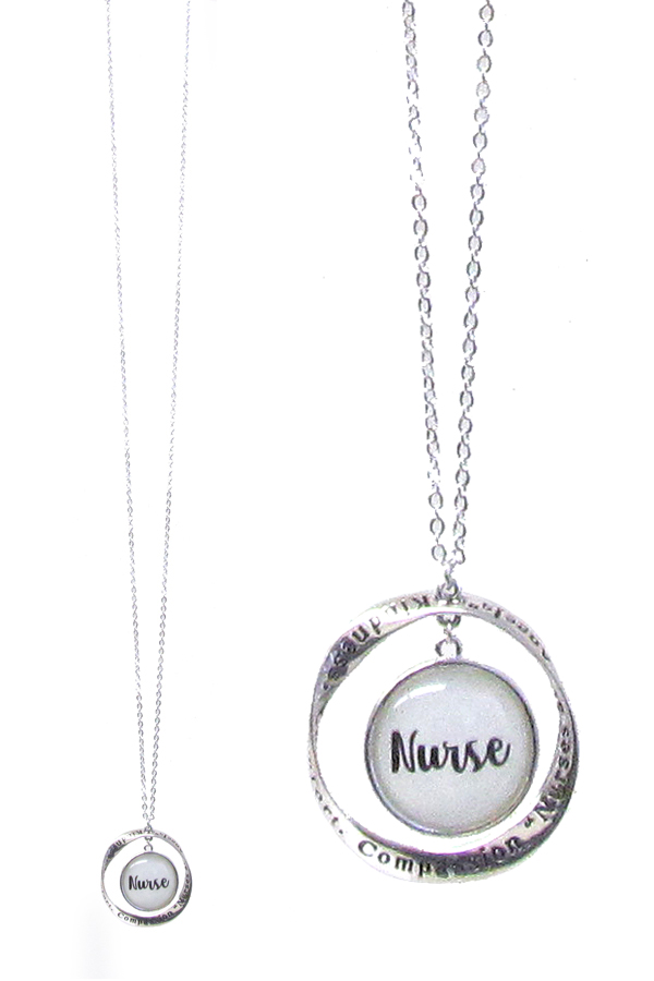 INSPIRATION MESSAGE CABOCHON AND TWIST RING PENDANT LONG NECKLACE - NURSE