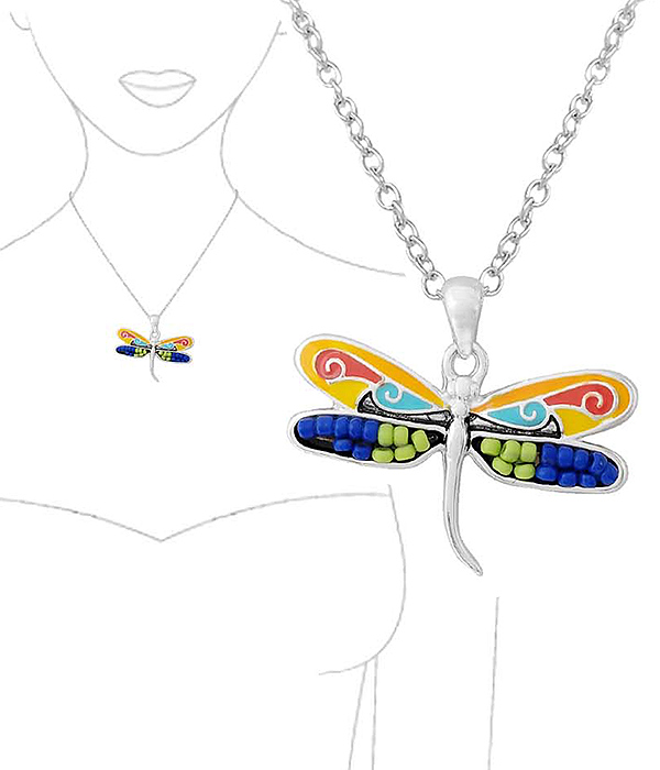 MULTI SEEDBEAD MOSAIC PENDANT NECKLACE - DRAGONFLY