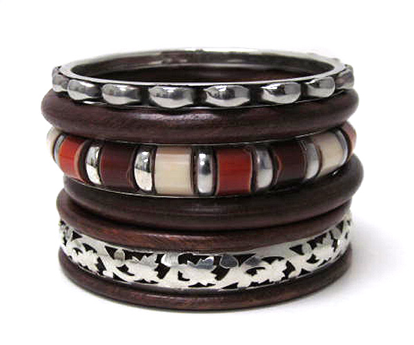 Multi wood and metal casting bangle bracelet set of five