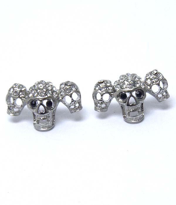 Premier electro plating crystal triple skull stud earring