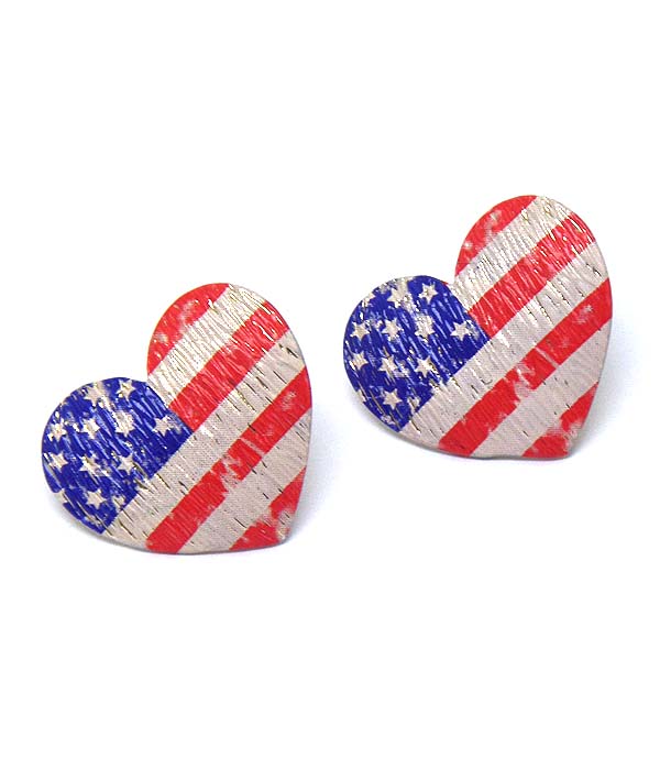 Premier electro plating vintage american flag on scratch metal heart earring