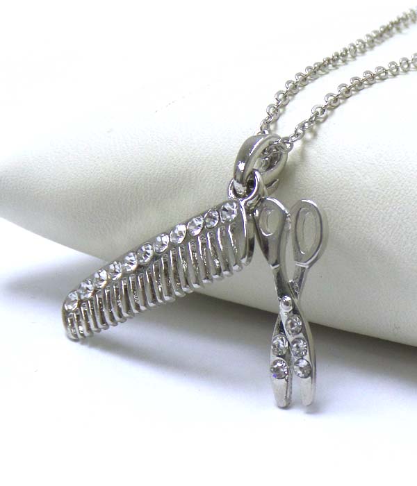Premier electro plating crystal comb and scissor necklace
