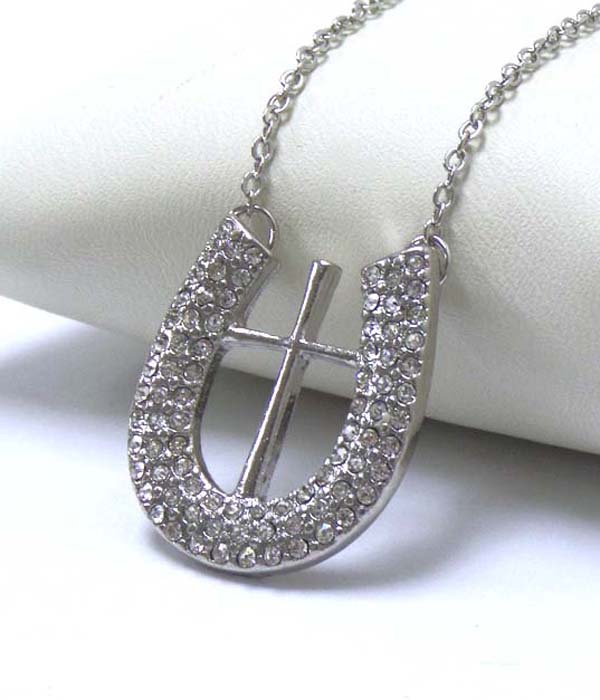 Premier electro plating crystal horse shoe and cross pendant necklace