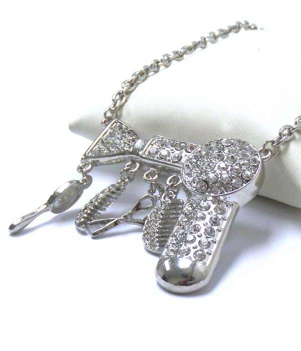 Premier electro plating crystal hair dryer and scissor and comb dangle necklace