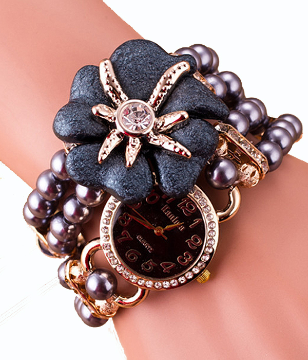 Crystal flower accent pearl wrapped watch