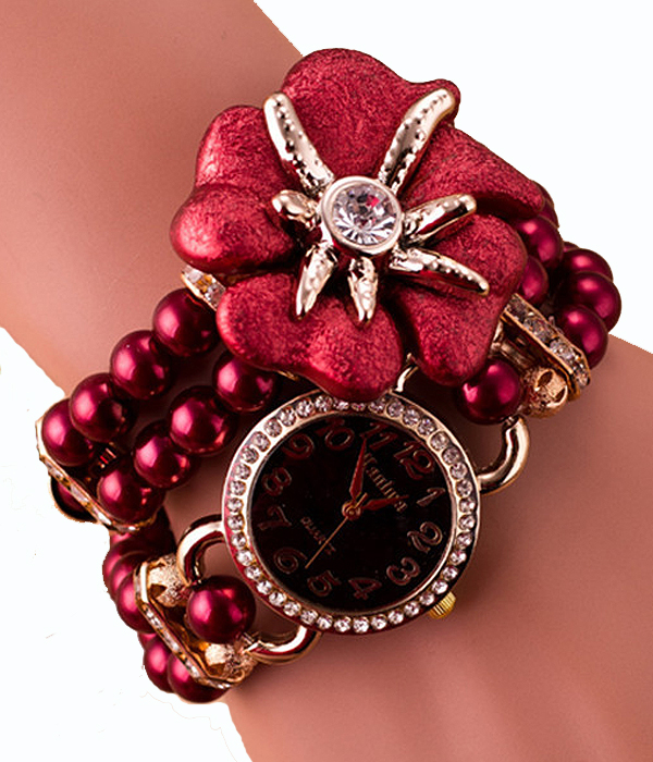 Crystal flower accent pearl wrapped watch
