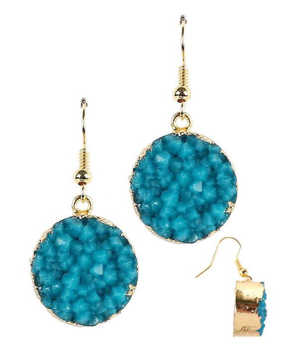 Handmade natural round druzy side gold plated drop earring