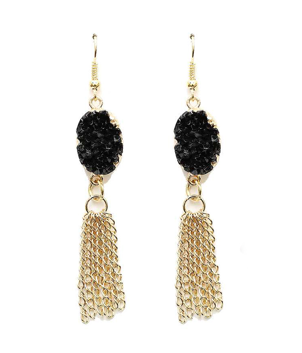 Handmade natural shape druzy side gold plated and tassel drop earring