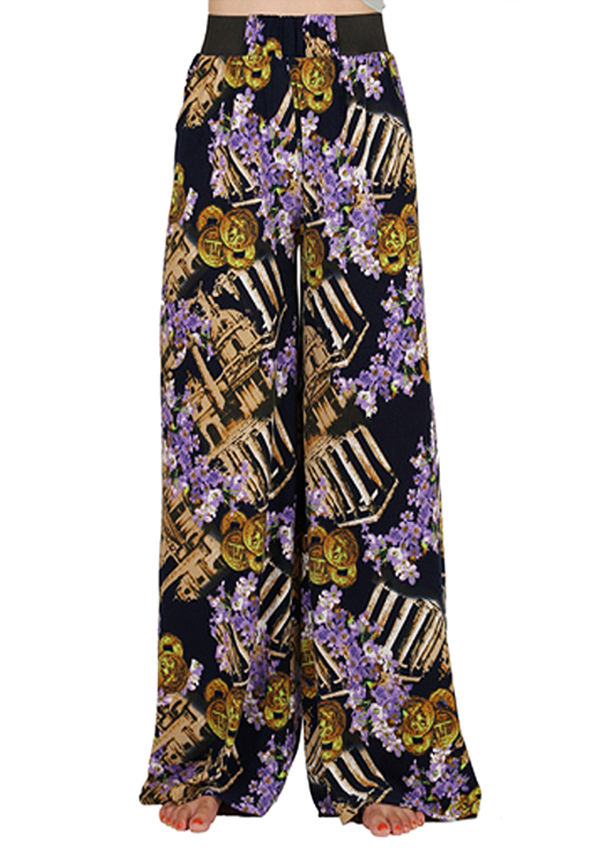 Flower and ancient architecture print palazzo pants - 65% poly 35% cotton
