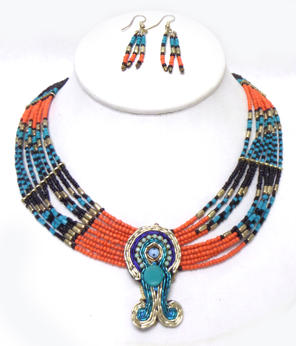 Tribal style multi row seed beads necklace set