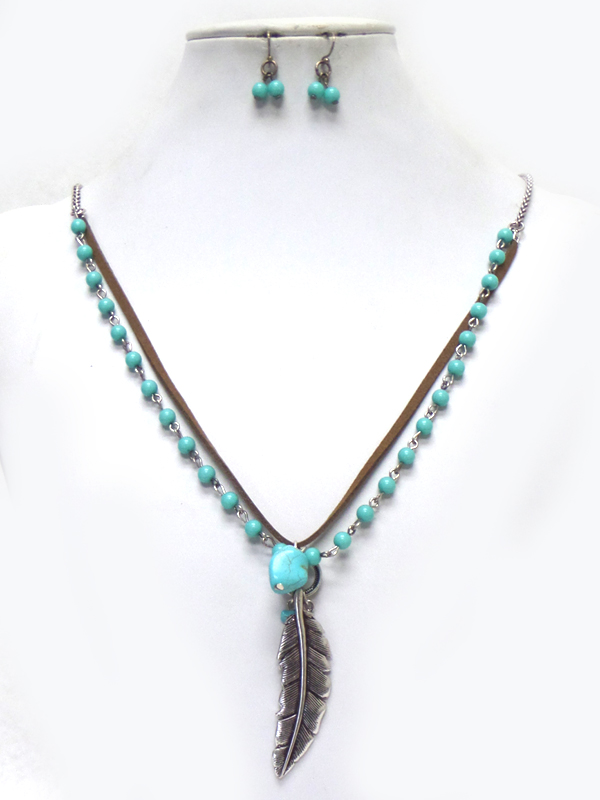 Metal feather leatherette and turquoise necklace set