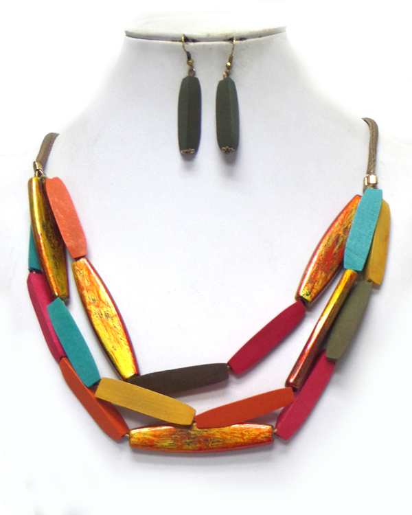 Multi wood stick link 3 layered cord necklace set