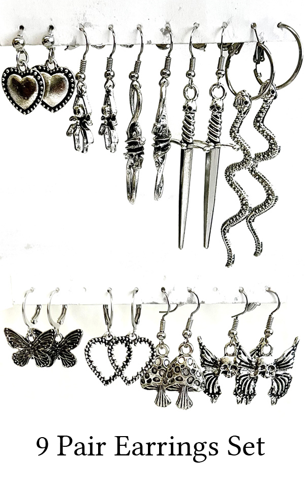 VALUE PACK -9 PAIR MULTI THEME VINTAGE METAL EARRING SET - HEART SWORD SNAKE BUTTERFLY SPIDER